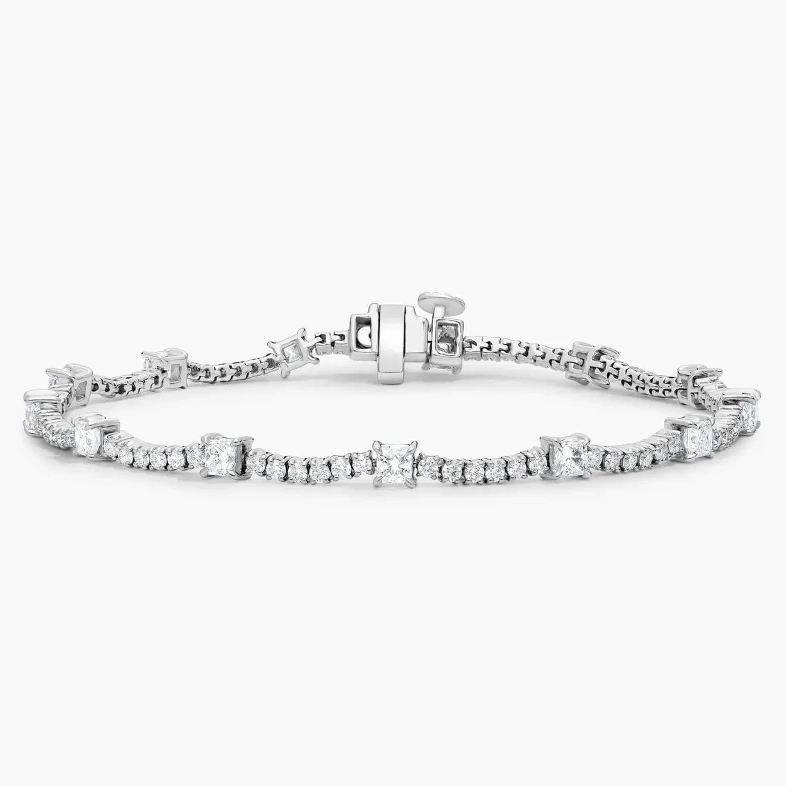 Floral Princess with Round Brilliant Diamond Tennis Bracelet 14K White Gold Over