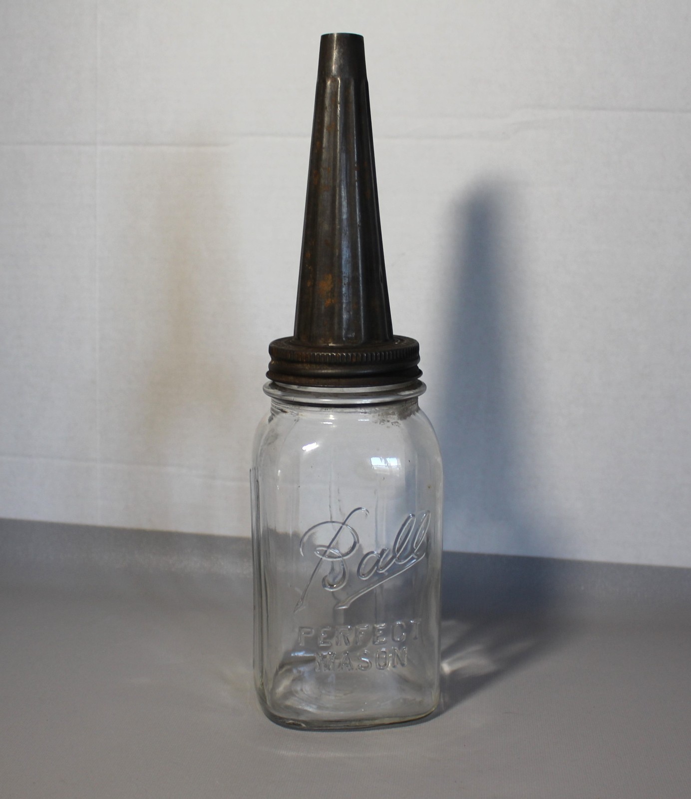 Ball Perfect Mason Jar W/Galvanized Metal Motor Oil Pour Spout Lid Clear Glass