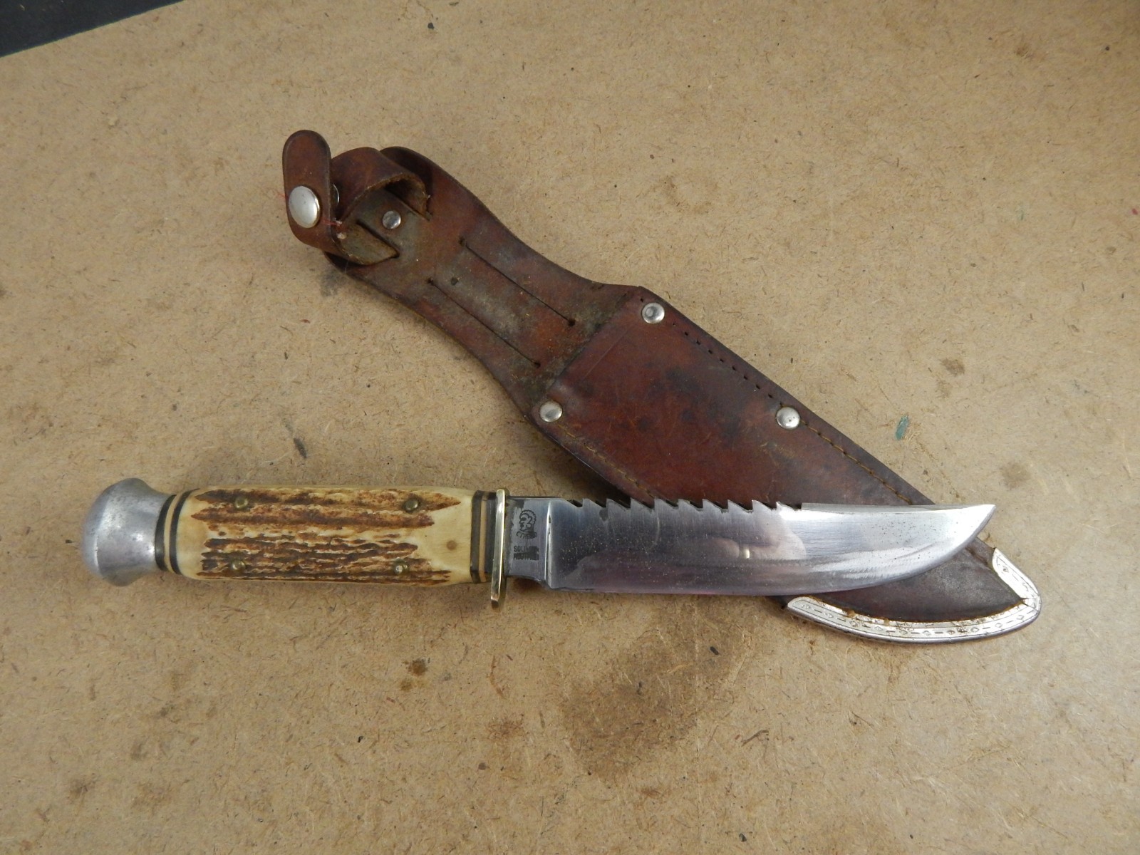 vintage HENLEY & Co. Solingen Stag HUNTING KNIFE w/sheath SAWBACK Othello