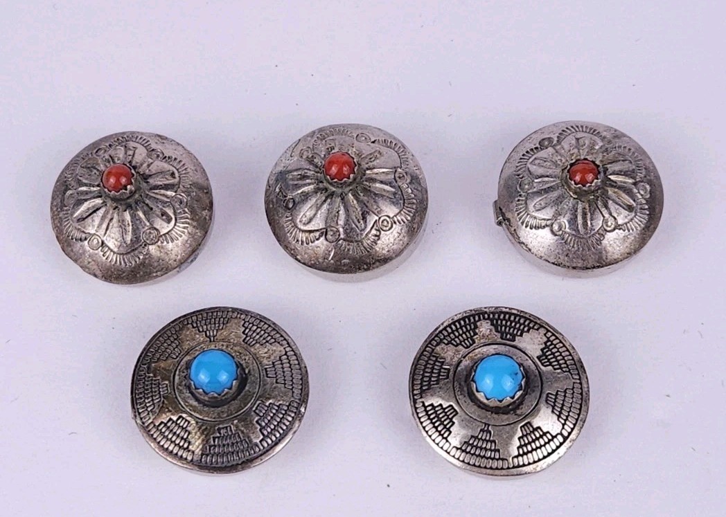 Vintage Sterling Silver Blue Red Stone Button Covers Western Native American