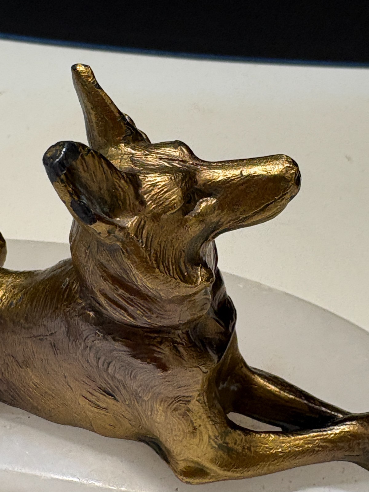 Brass VTG Dog on White Alabaster Marble Stone Mid Century-8×4.5×2.75-2.6 lbs