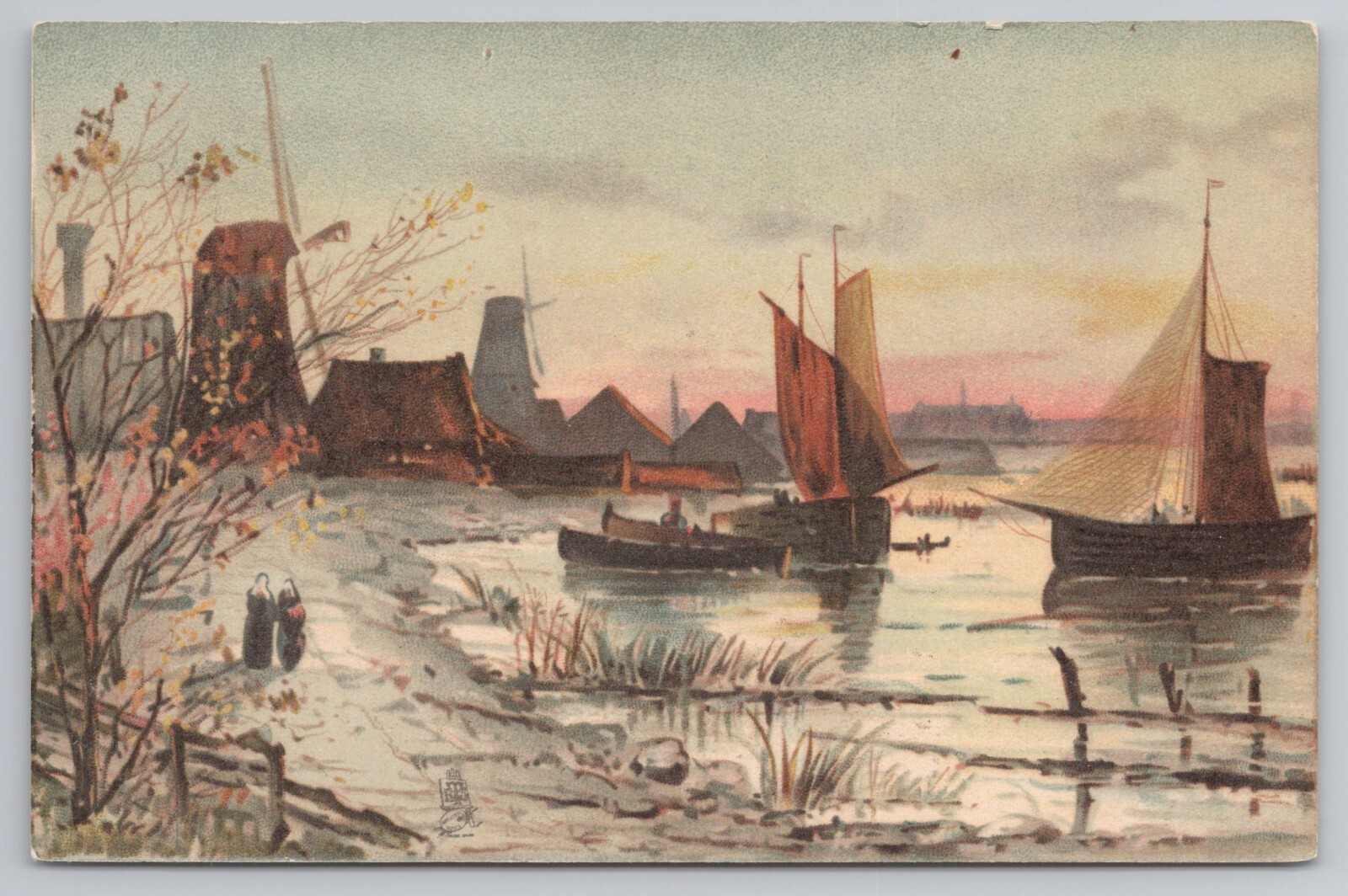 Boats on Water with Windmills on Shore Raphael Tuck Art c1910s Postcard