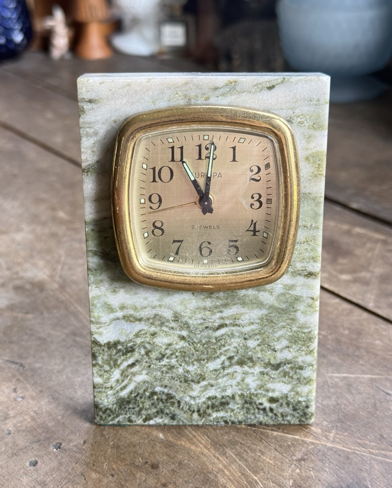 EUROPA GREEN MARBLE 4.5”x3” CLOCK SMALL DESK TOP CLOCK ALARM MCM VINTAGE *AS IS