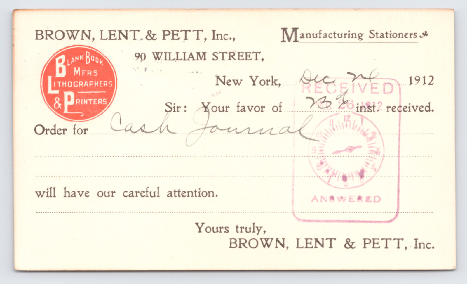 1912 Brown Lent & Petty Cash Journal New York NY Postal Card Stationery Printer