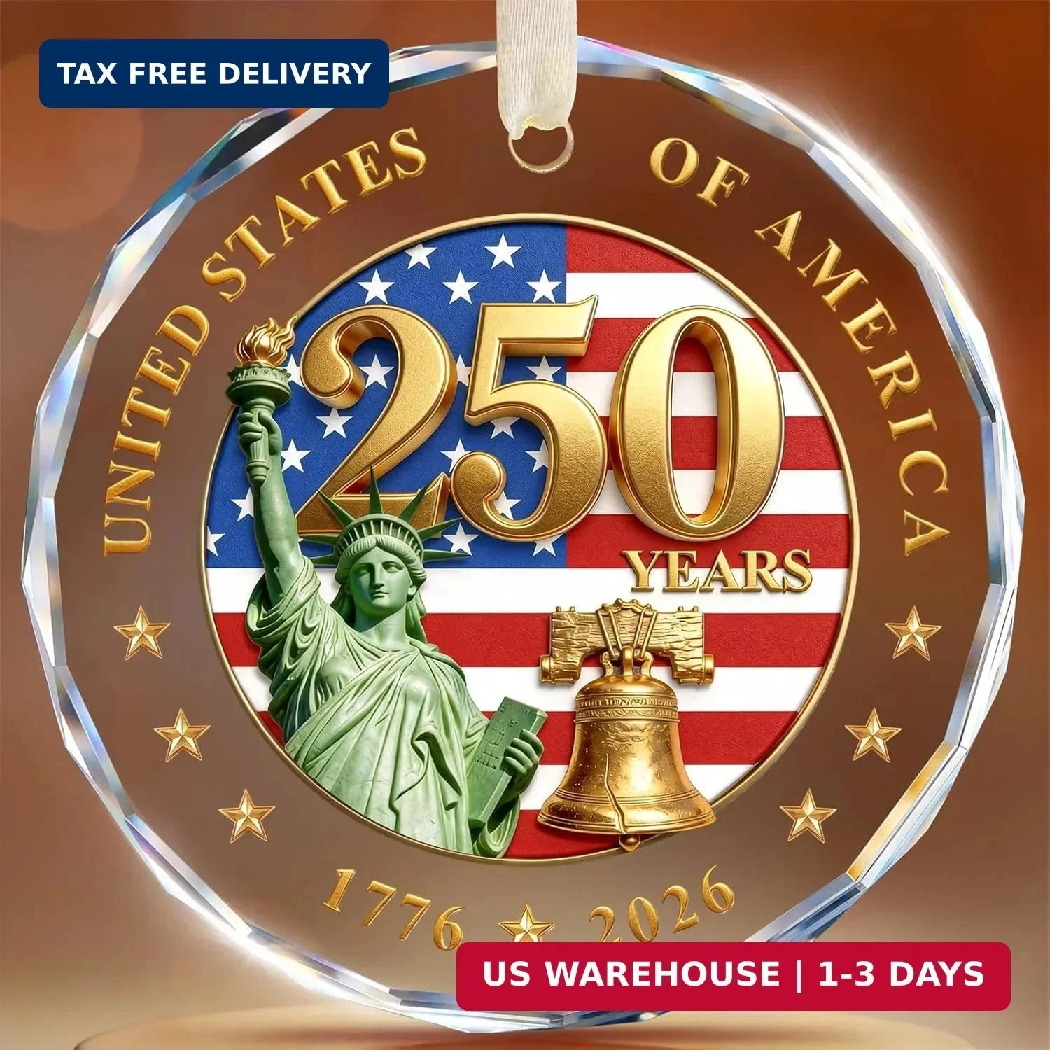 250 Anniversary USA Ornament for 4th of July Decorations – Crystal Glass Patriot