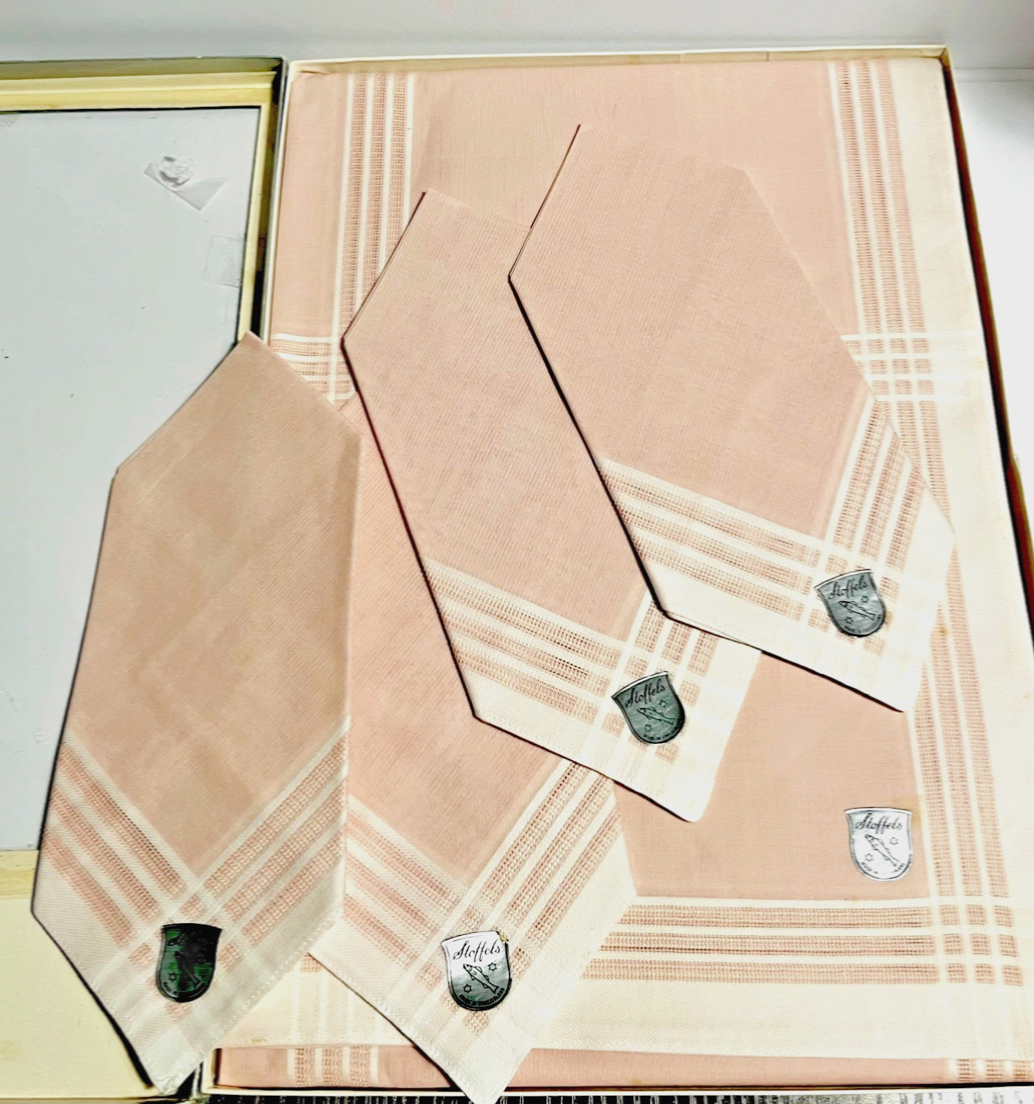 Stoffels Pink Plaid Linen Tablecloth & Napkins Square 51” Switzerland 1950’s