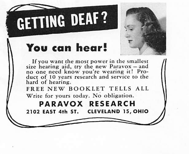 Paravox Research Hearing Aid Ad Vintage 1940s Mid Century Medical Office 1949