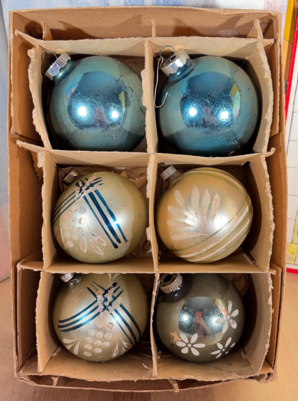 Lot of 6 Shiny Brite and Other Vtg Ornaments MCM Blue and Silver Balls Mica Snow