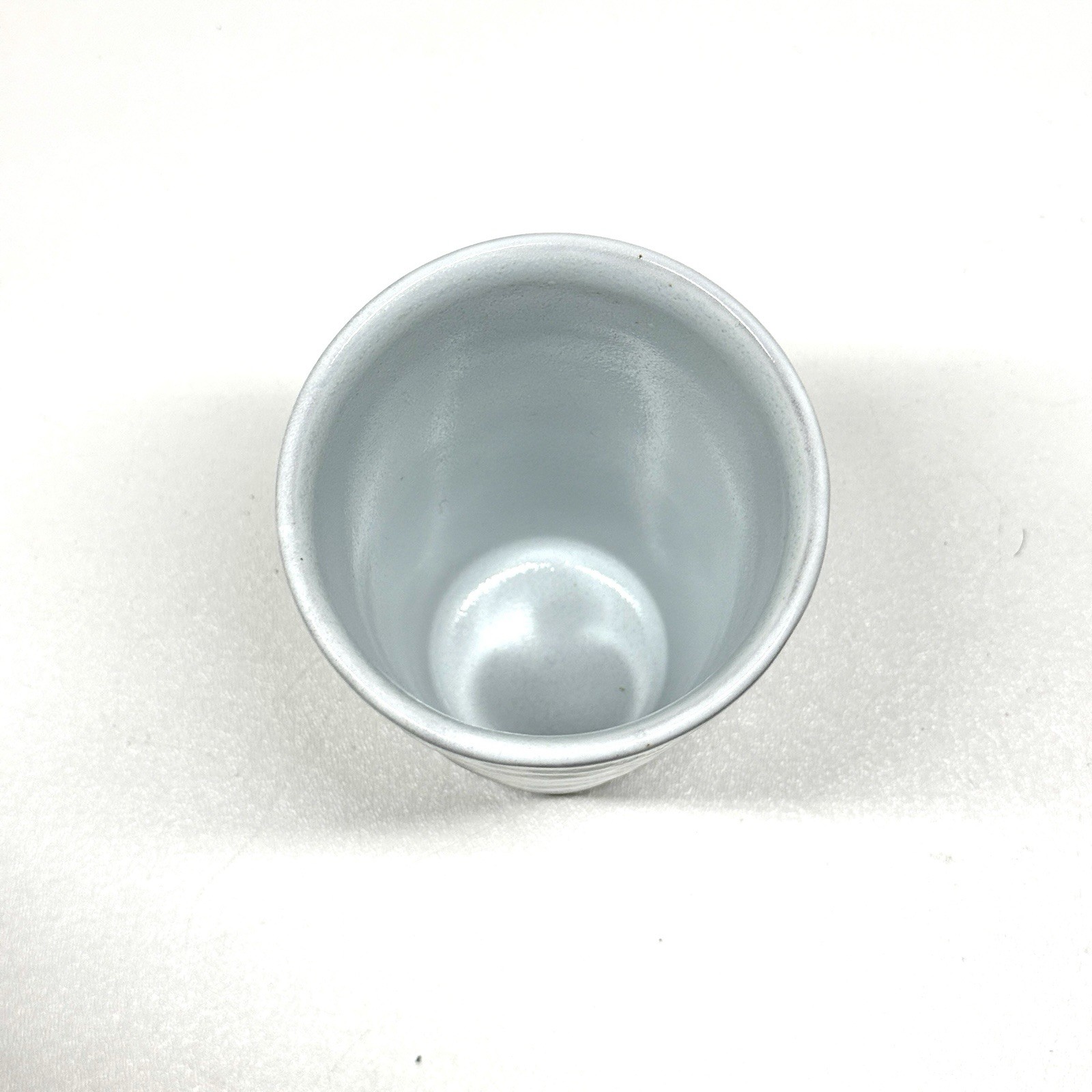 Daiso Japan Sake Beverage Ceramic Stoneware Cup Light Blue Black Embossed