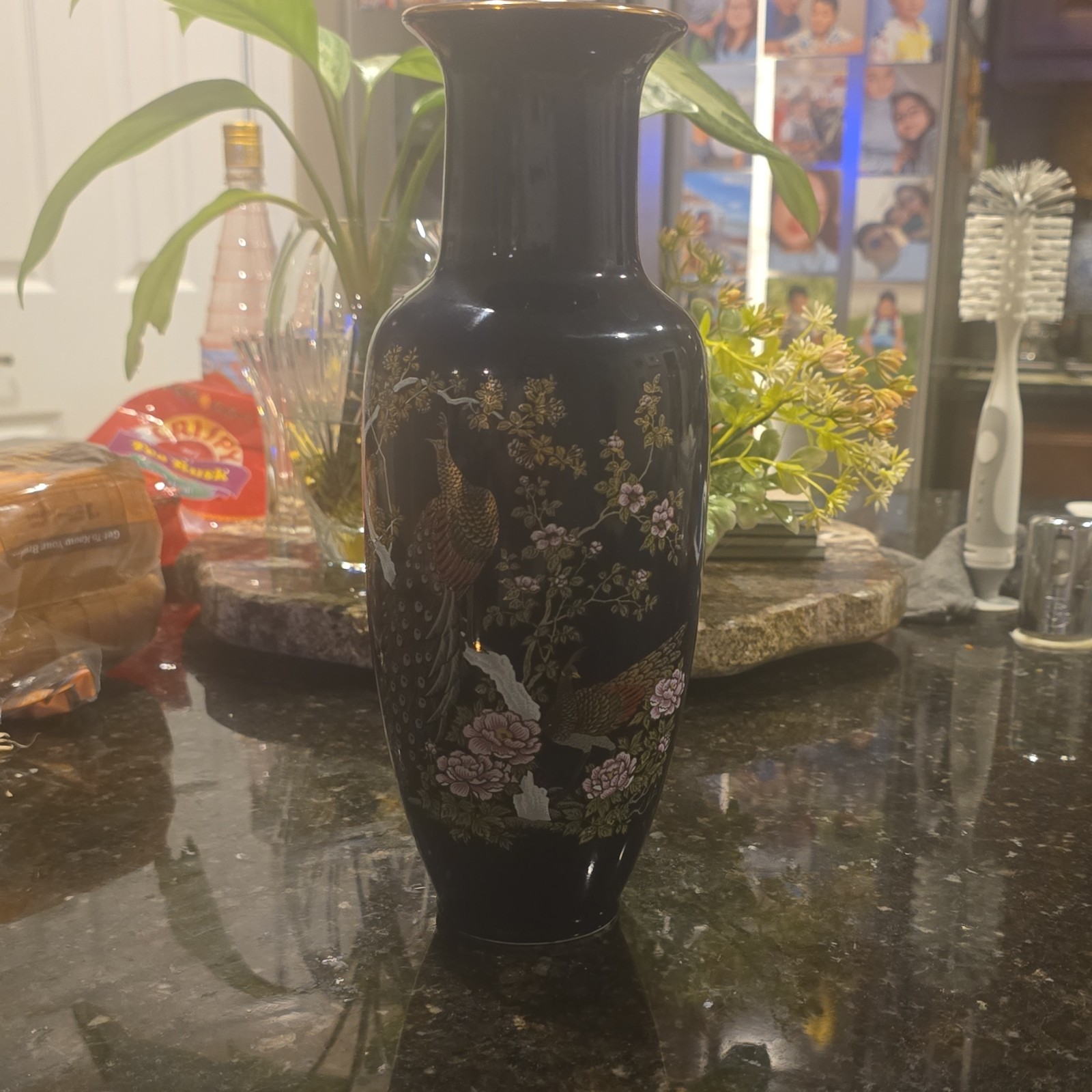 Japanese Dark Blue Peacock & Floral Bird Vase Marked JAPAN Approx. 11 in