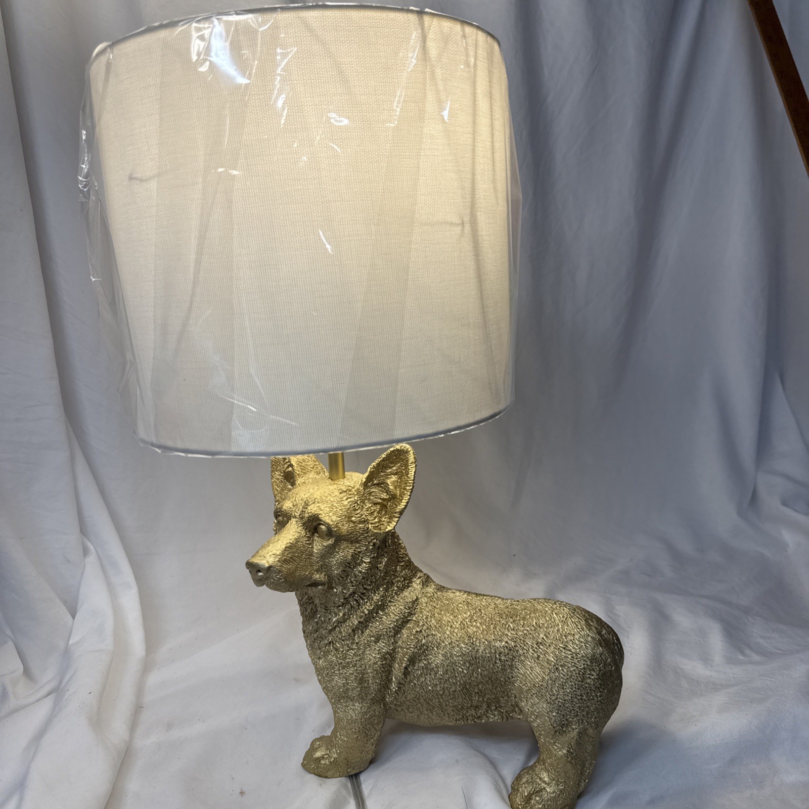 Marshall’s Homesense Corgi Dog Brushed Gold Table Lamp White Shade NEW
