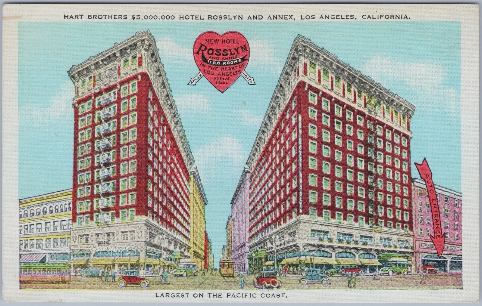 Hart Brothers $5.000,000 Hotel Rosslyn & Annex, Los Angeles Calif Linen Postcard