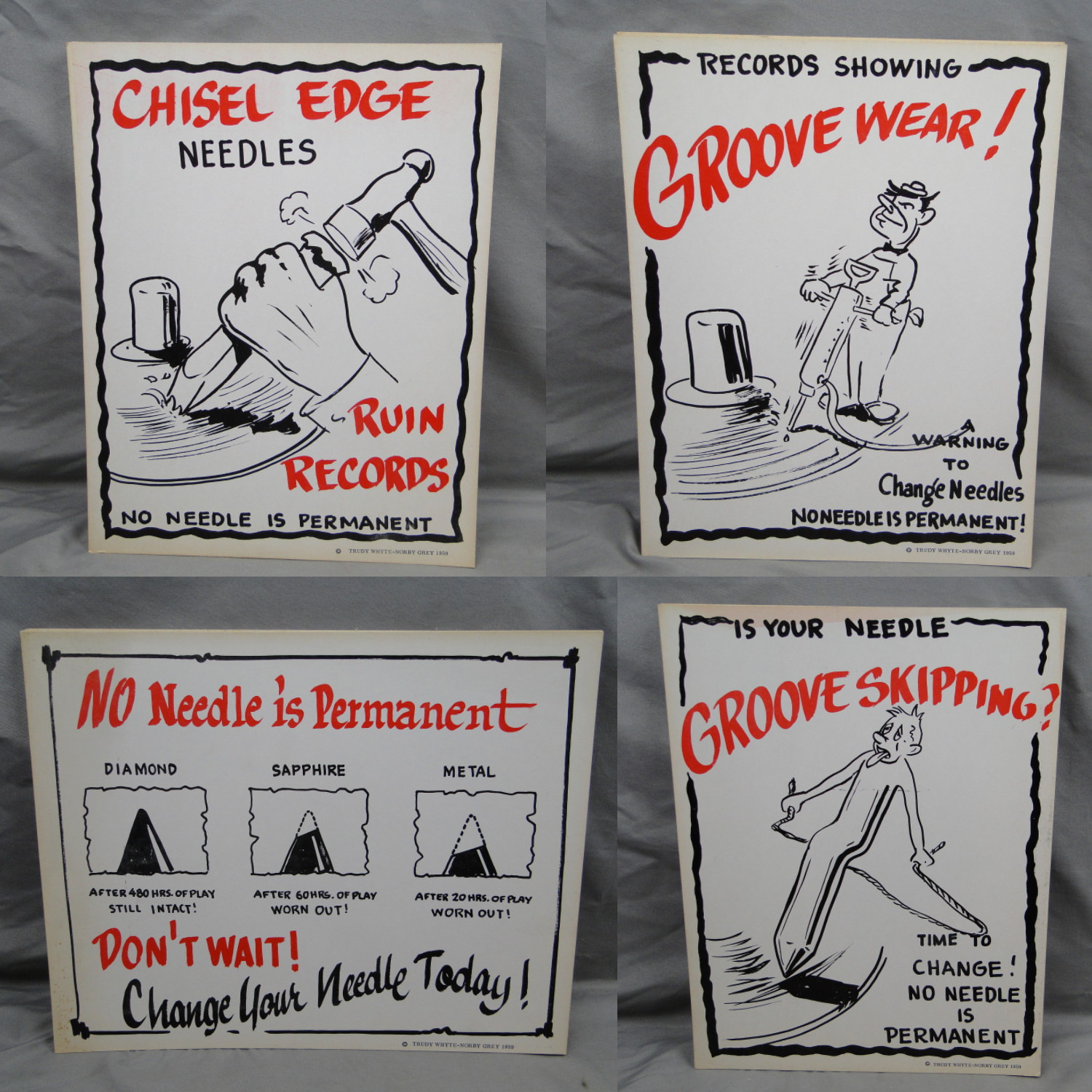 Phonograph Record Needle Cartoon Signs Complete Set 1959 Trudy Whyte-Norby Grey