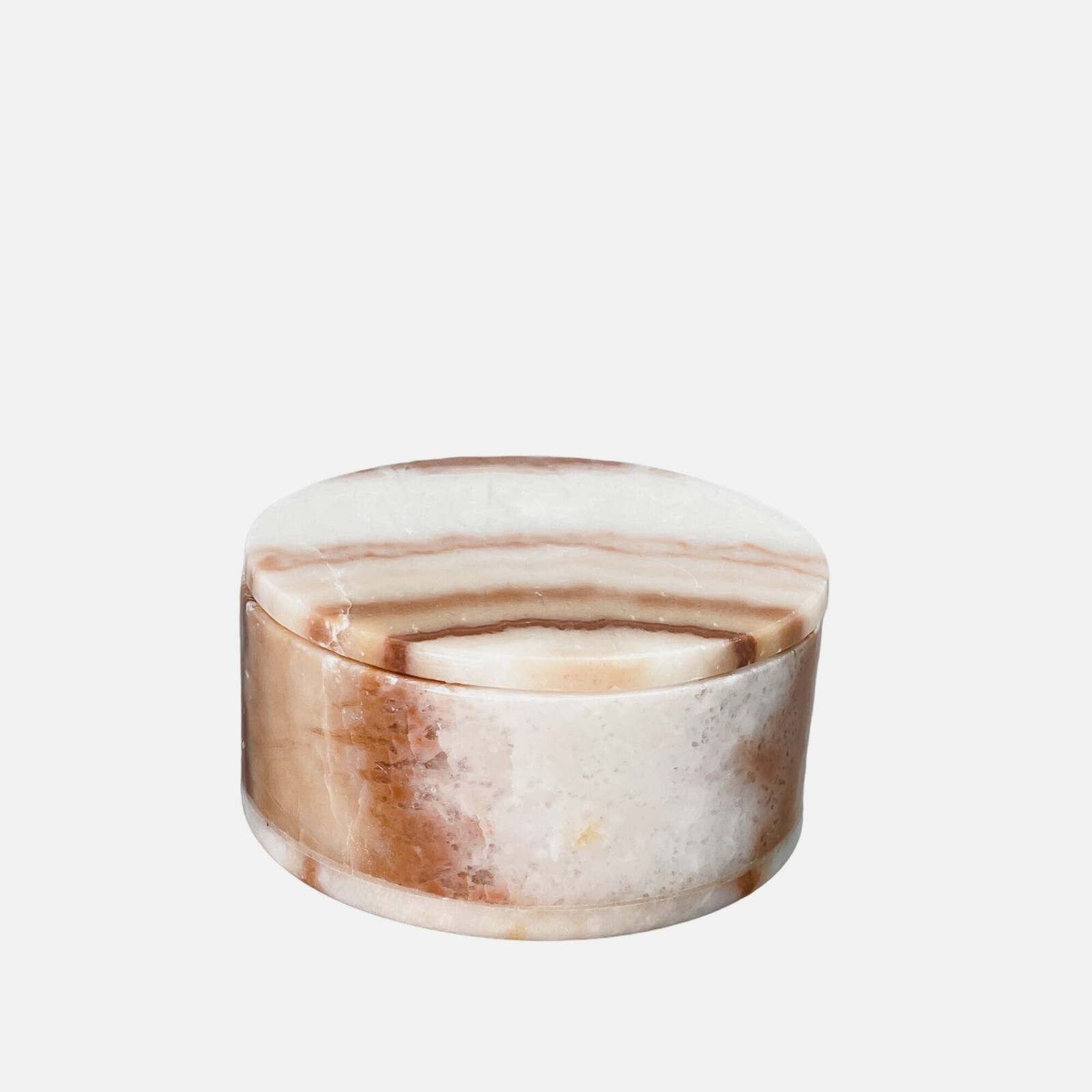 Onyx Round Box w Lid Handcrafted w Earth Tones Natural Veining, Diameter 3.5 in.