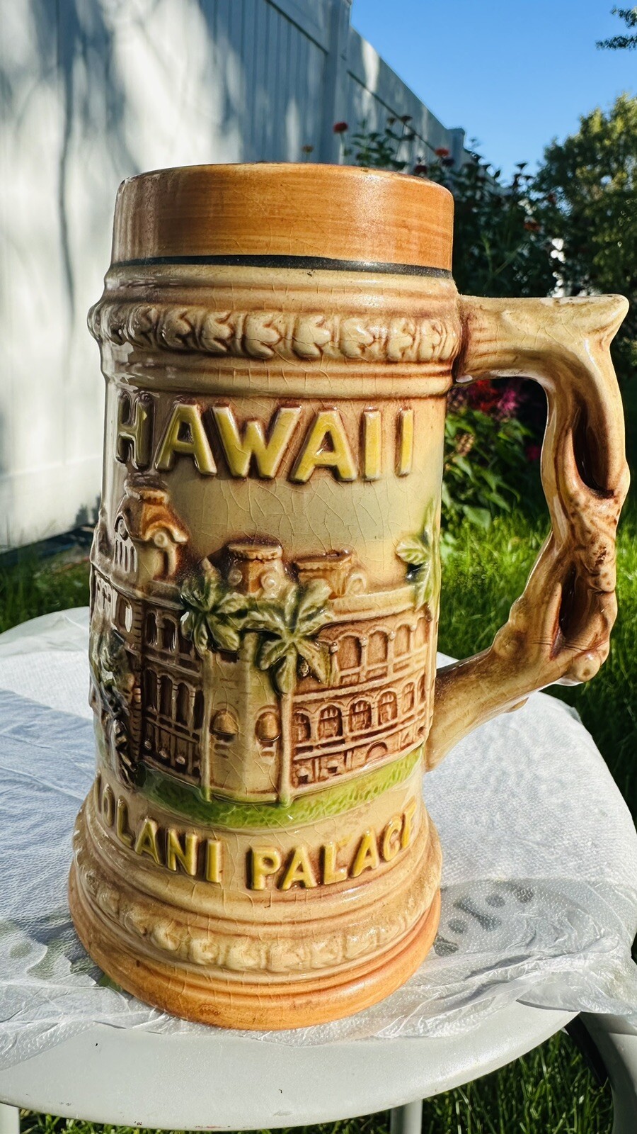 Vintage Hawaiin Iolani Palace Beer Stein 7 Tall Oktoberfest Tropical Tiki Surf
