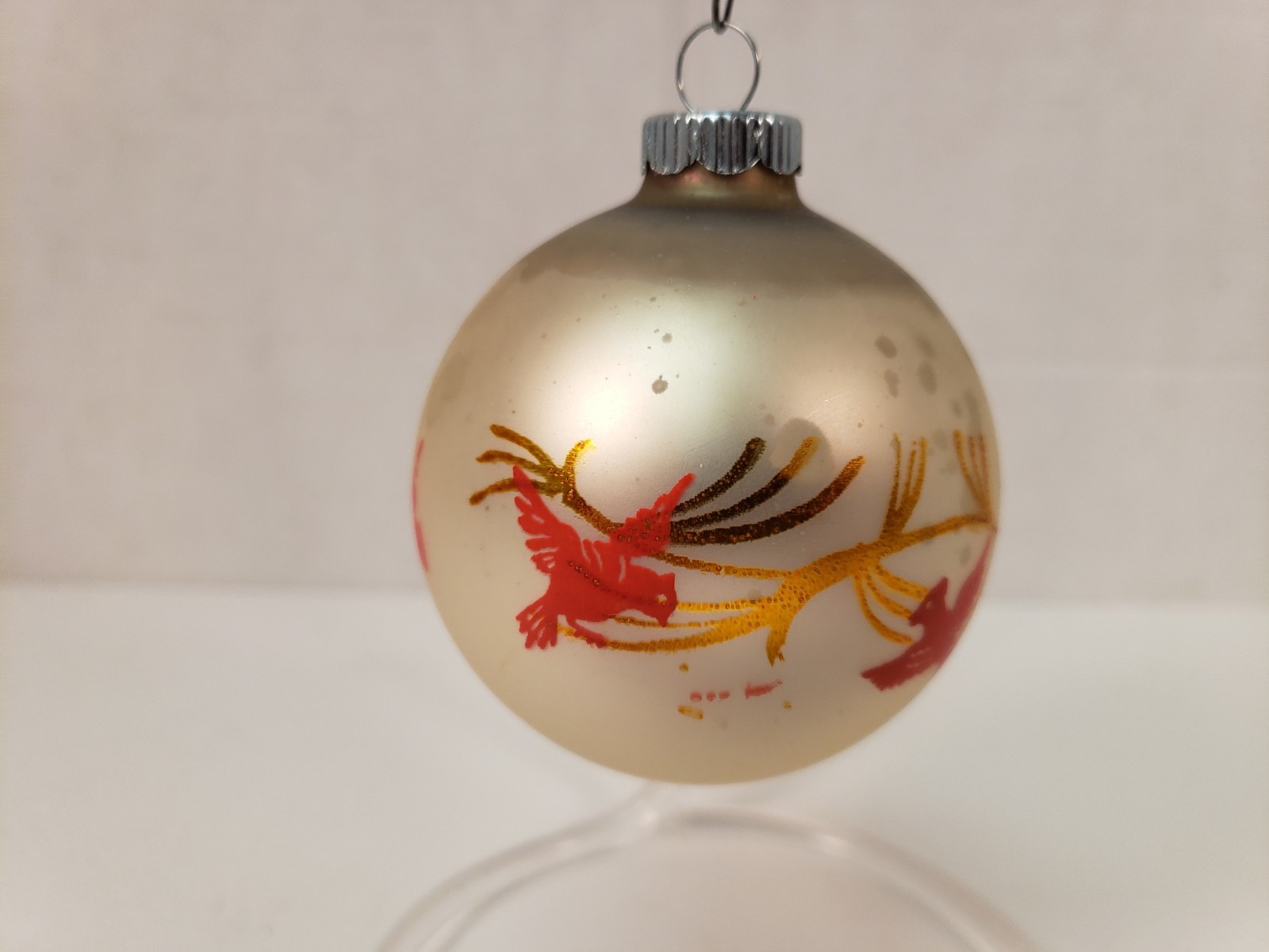 Vintage Shiny Brite Ornaments Stenciled Gold Red Bird Ball Poloron In Box