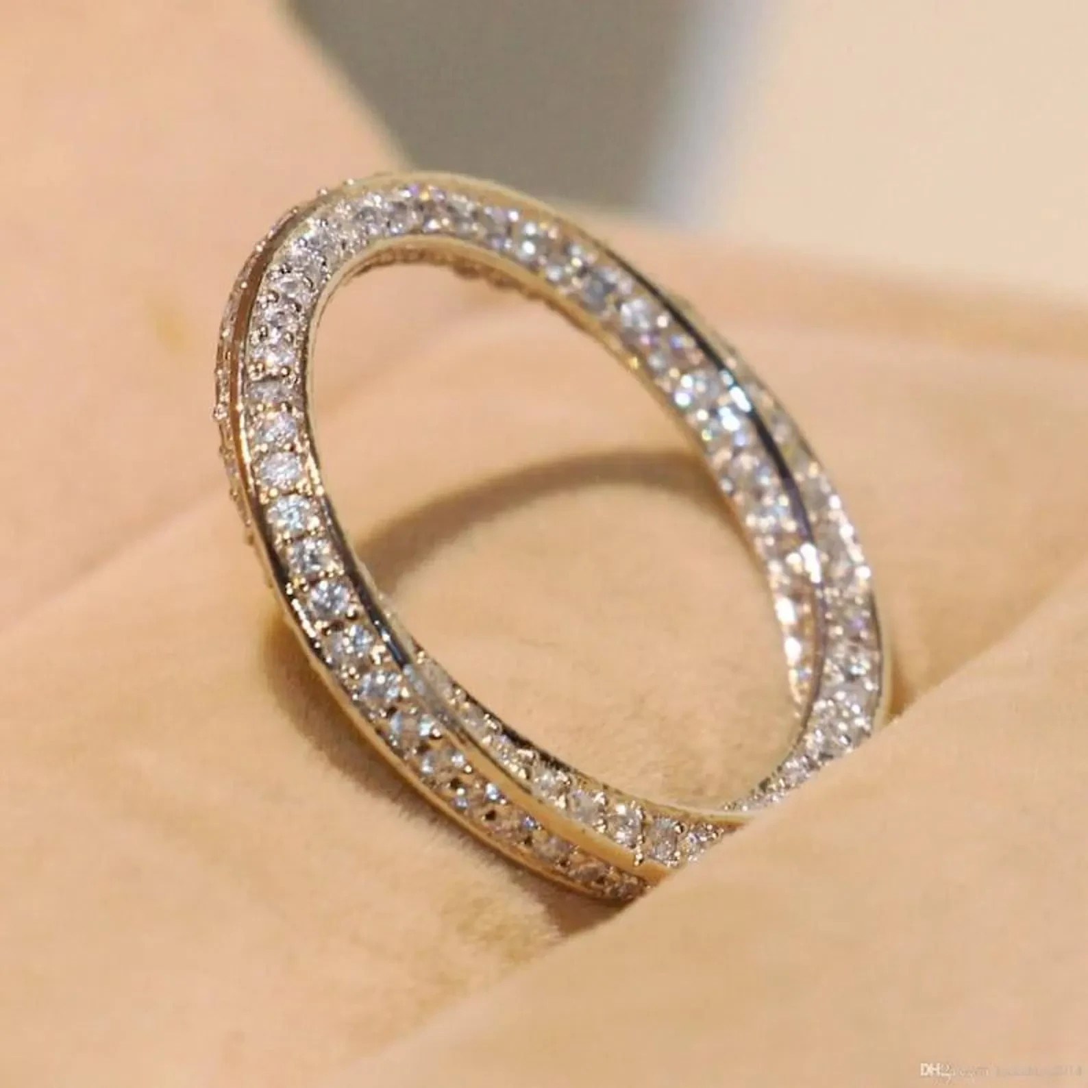 Delicate Diamond Full Eternity Twisted Wedding Band Ring in14K White Gold Over