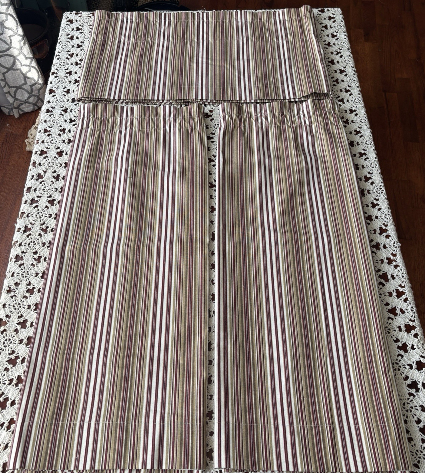 3 Pc Lined Curtain Set 2 Panels 1 Valance Tan Maroon Stripe Farmhouse Rod Pocket
