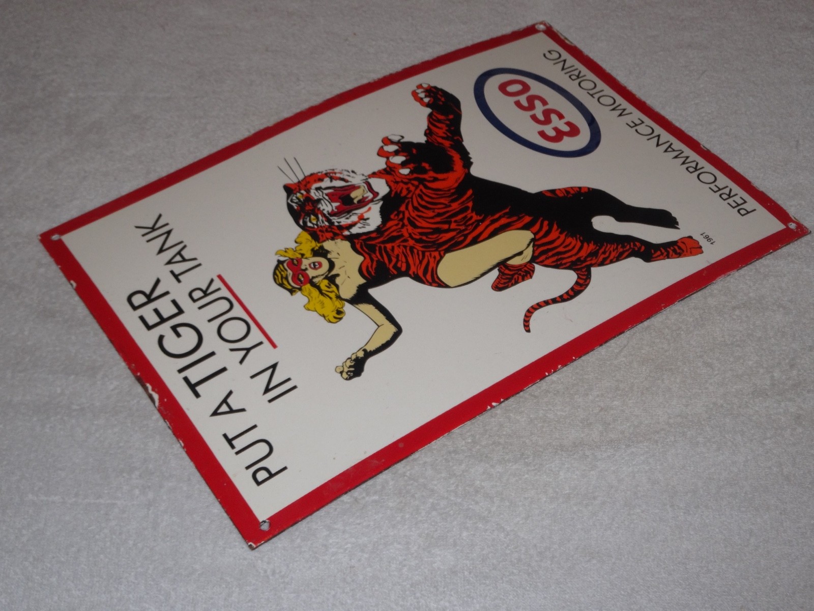 VINTAGE 1961 ESSO CAT WOMAN RIDES TIGER BATMAN & ROBIN MOVIE SHOW PORCELAIN SIGN