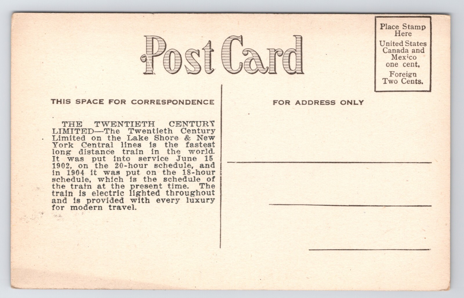 20th Century Limited Train Lake Shore New York Central Line RR NYC 1908 Postcard