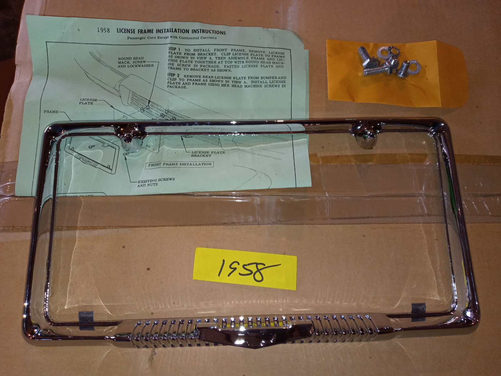 NORS 1958 BEL AIR IMPALA BISCAYNE FRONT/REAR CHROME LICENSE FRAME 987716-CHEVY