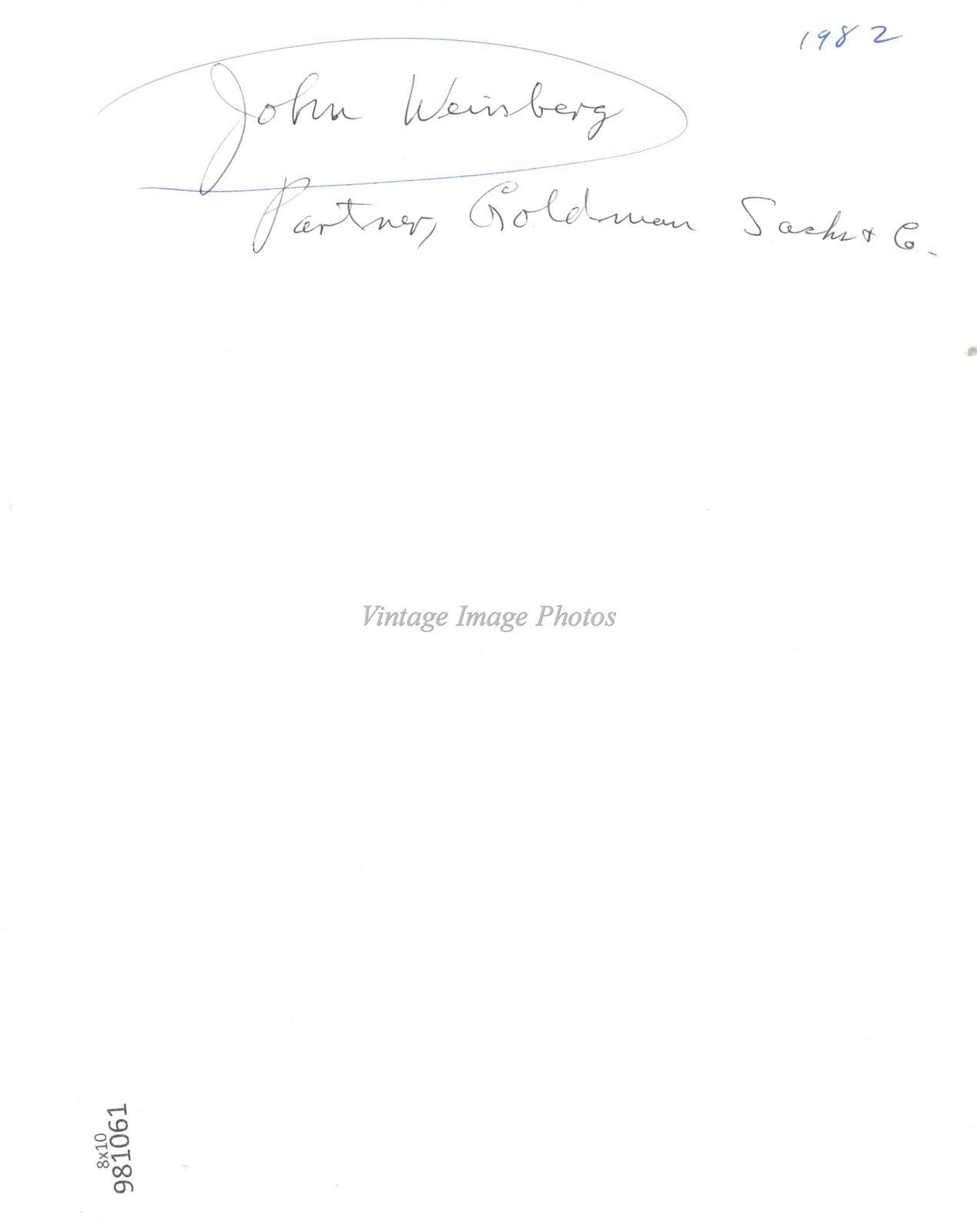 1982 Goldman Sachs John Weinberg Portrait Photo 8X10