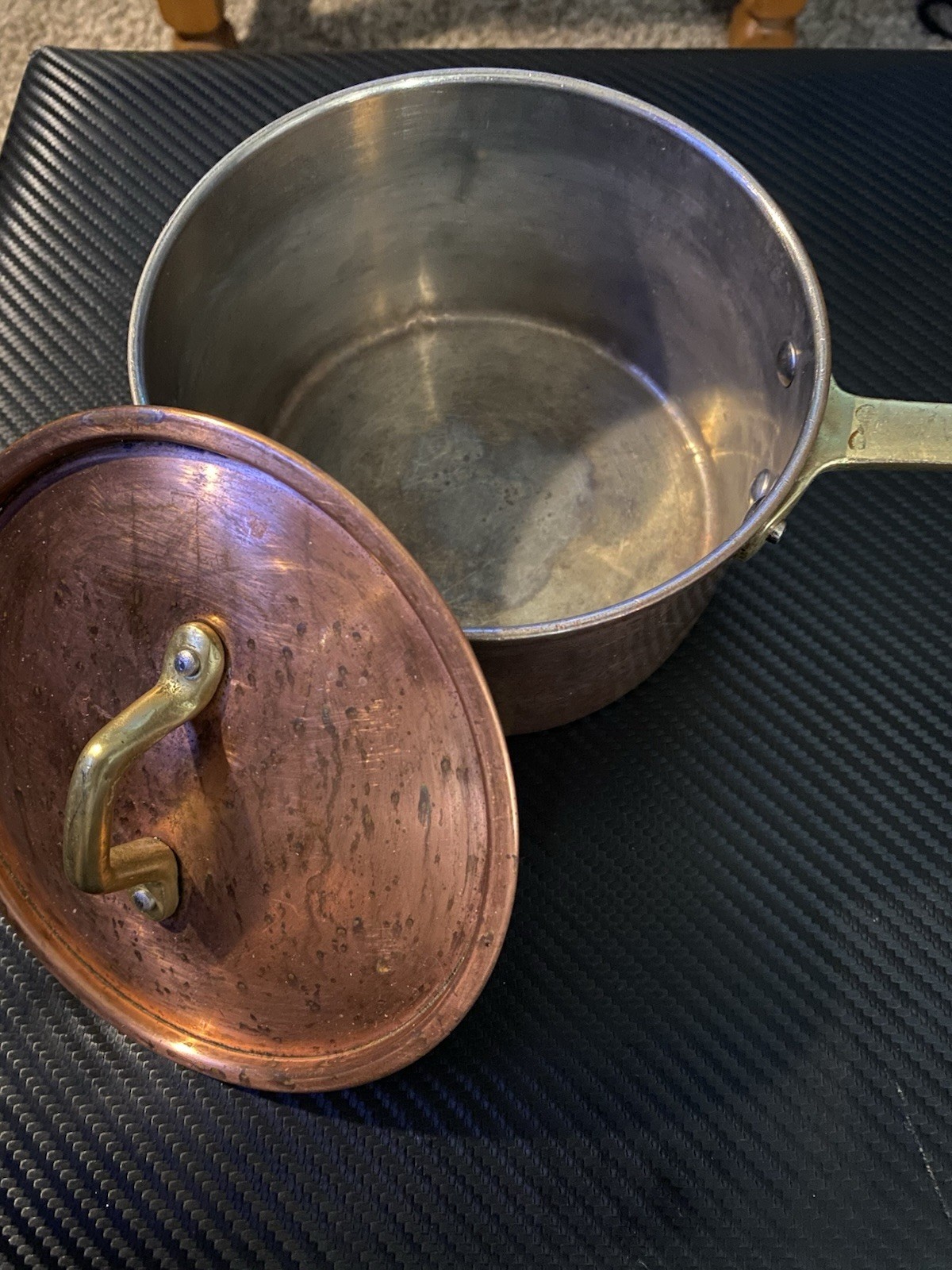 Paul Revere copper cooking pan sauce pan brass handle with lid, 1 quart