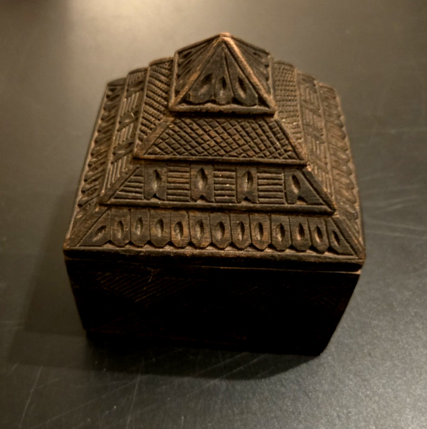 Vintage Nepalese Shaman Ritual Box Intricately Carved Wooden Pyramid Slide Top
