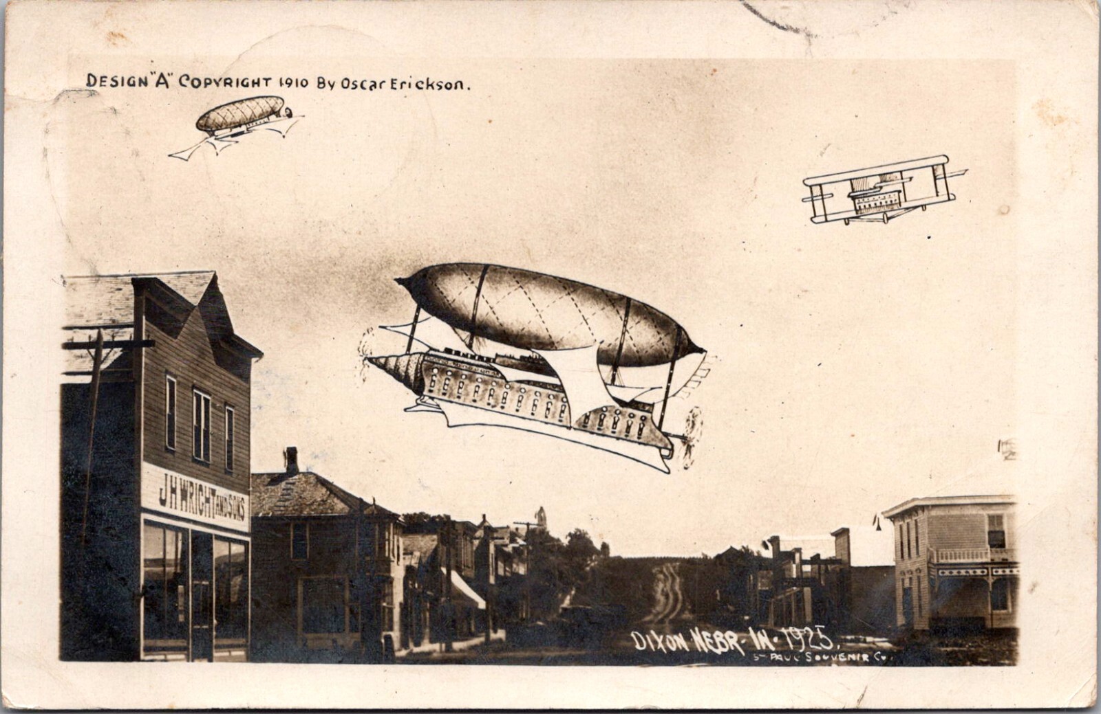RPPC Dixon Nebraska Street Superimposed Zeppelins and Airplanes 1925 Postcard