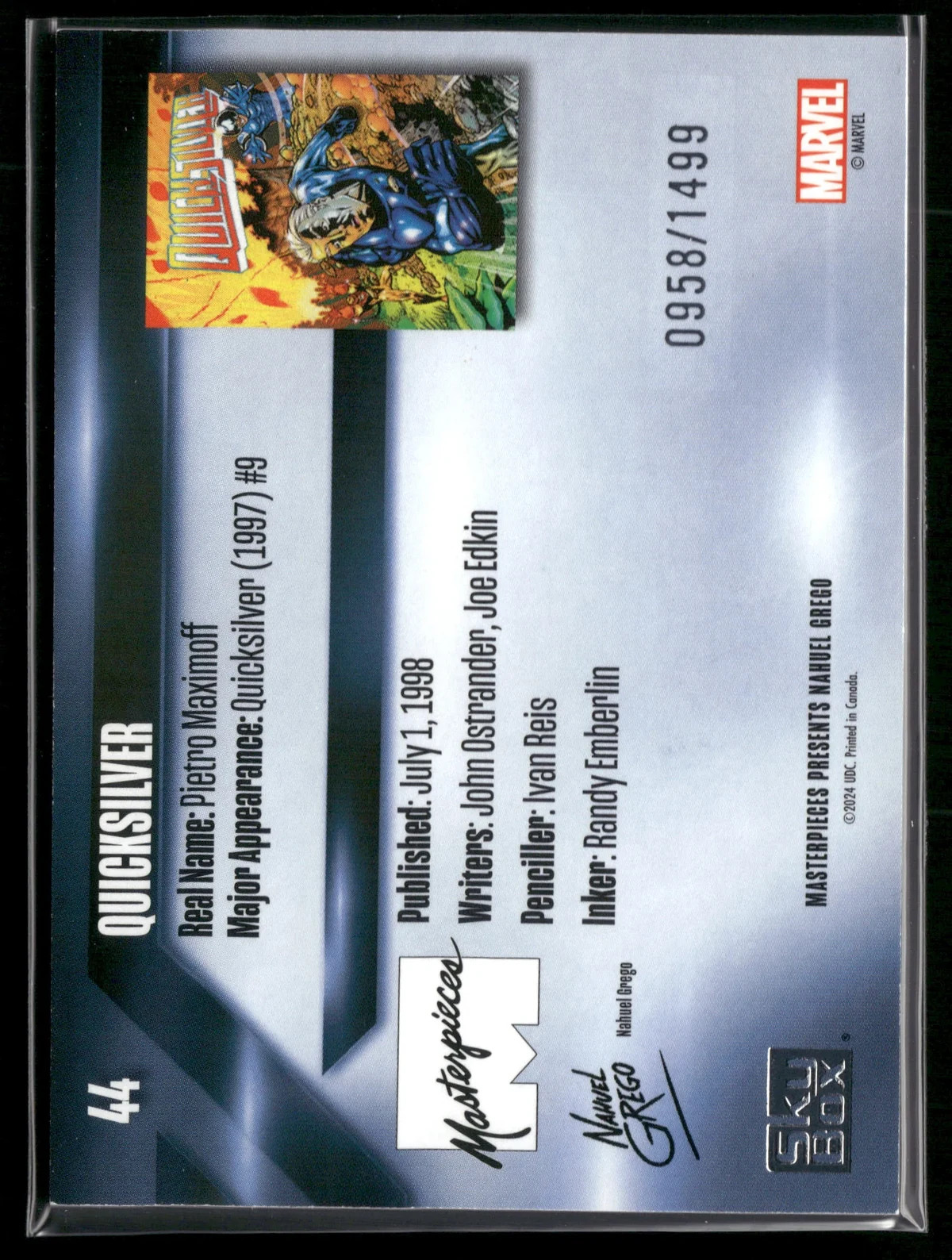 2024 Marvel Masterpieces Quicksilver #44 Silver Foil Serial Numbered