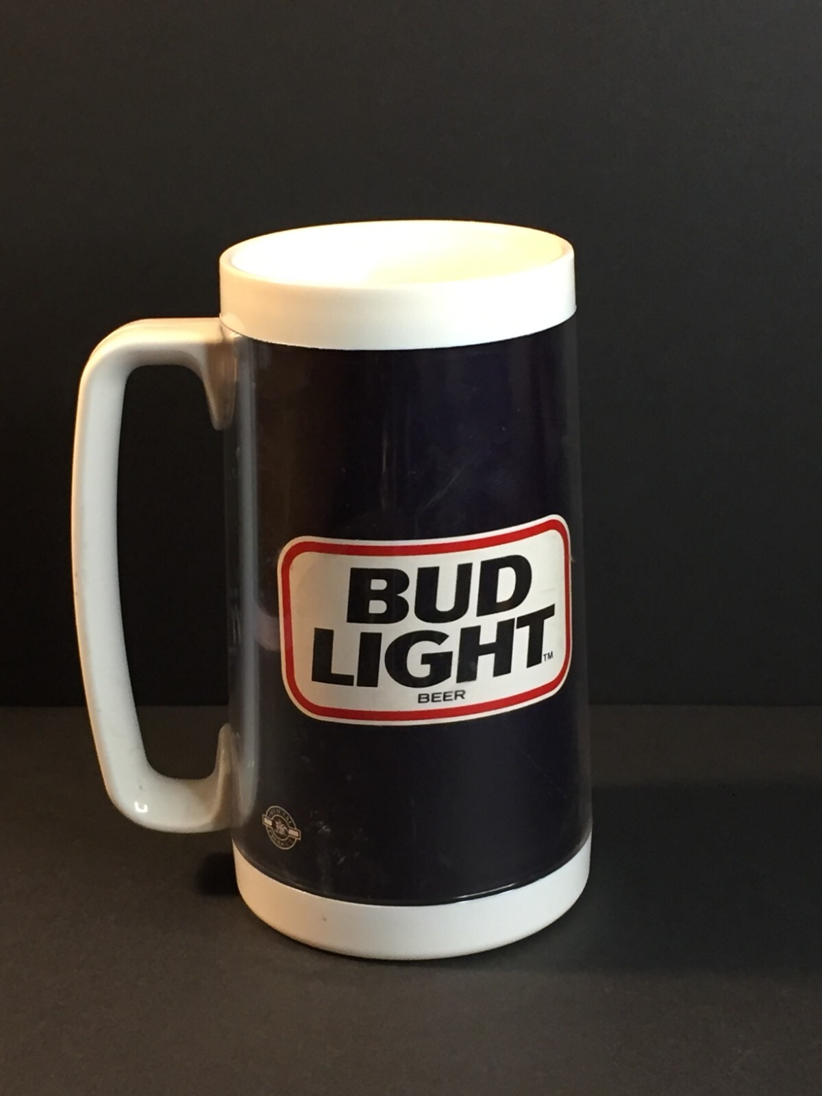 Budweiser BUD LIGHT Beer Mug Dark Blue/Black w/White Trim Plastic with Logo
