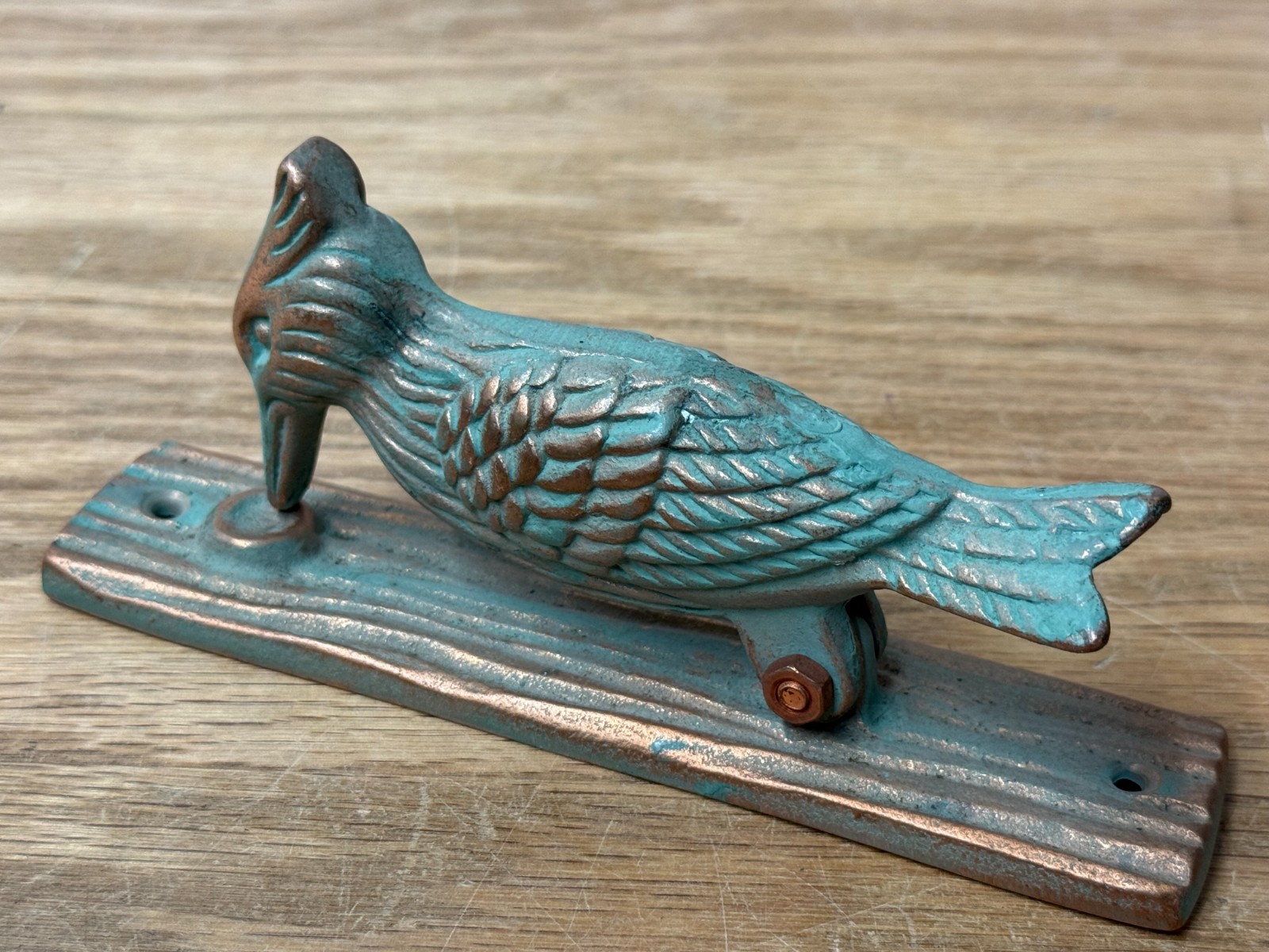 Vintage Woodpecker Door Knocker Cast Metal Verdigris Copper Patina