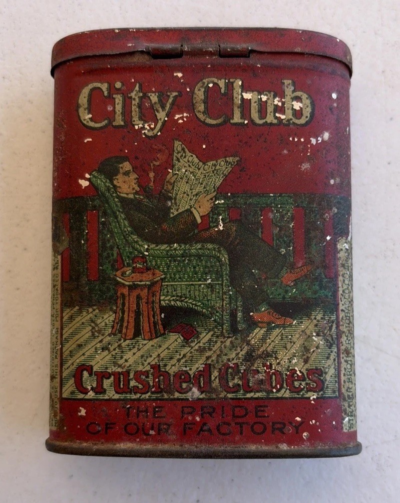 ANTIQUE 3 1/2″ CITY CLUB TIN LITHO VERTICAL POCKET CAN TOBACCO SMOKING PIPE
