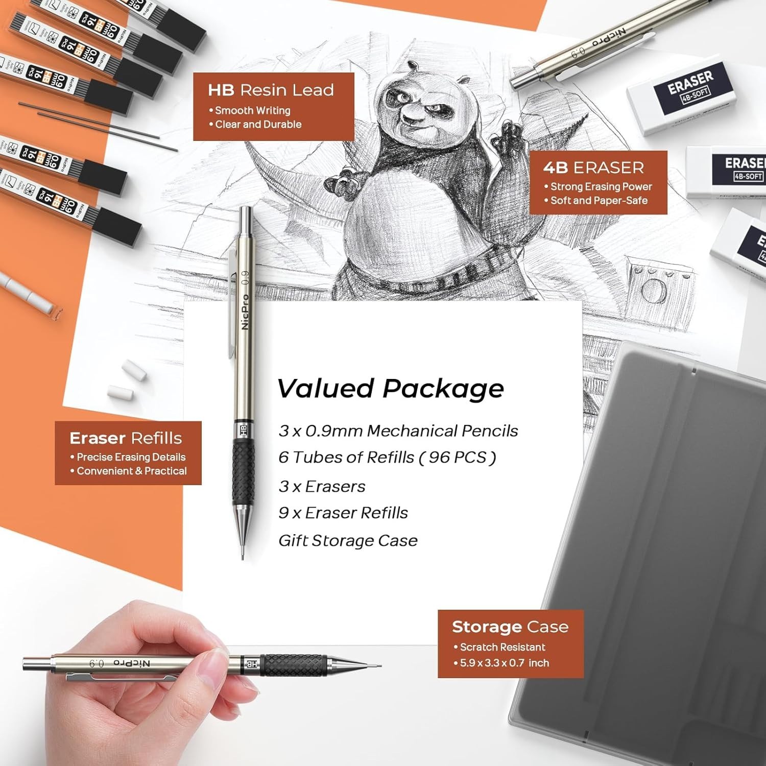 0.9 Mm Mechanical Pencil Set with Case, 3PCS Metal Mechanical Pencils with 6 Tub