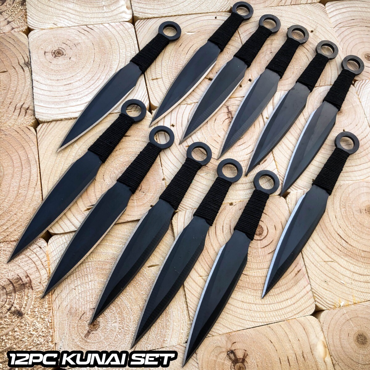 12 PCS 6.75″ Black Ninja Throwing Fixed Blade Knife Kunai Ninjutsu Knives