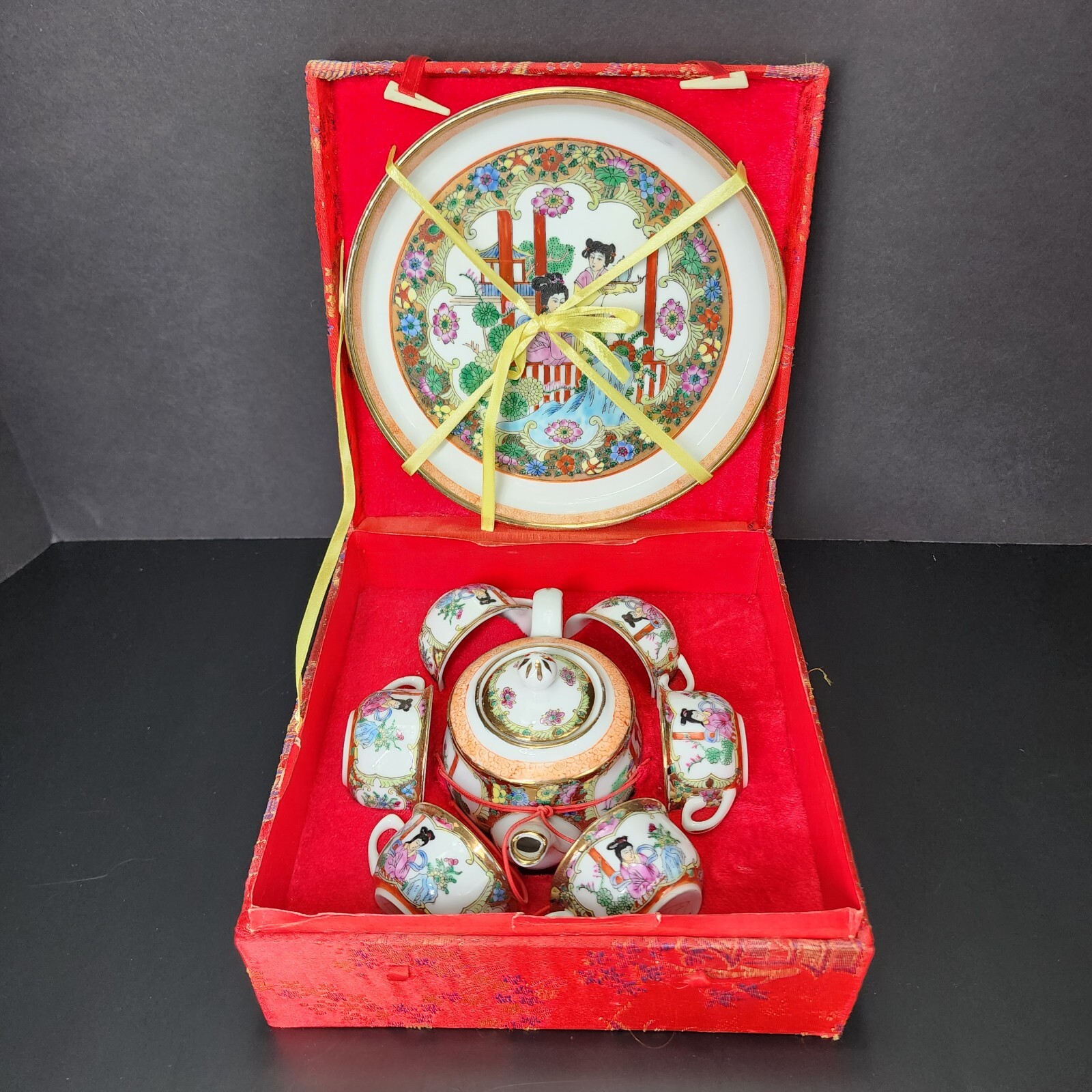 Tea Set Miniature 9 Piece in Red Brocade Box Demitasse 1.5″ Tall Teacups