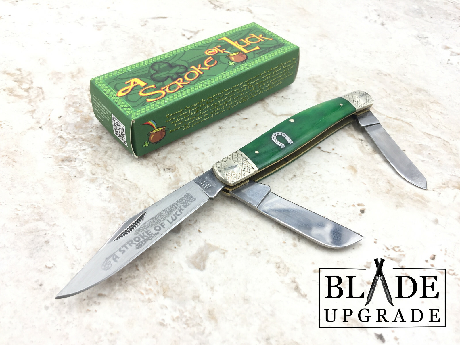 Rough Rider Stockman Stroke of Luck Green Bone Handle Folding Pocket Knife 1057