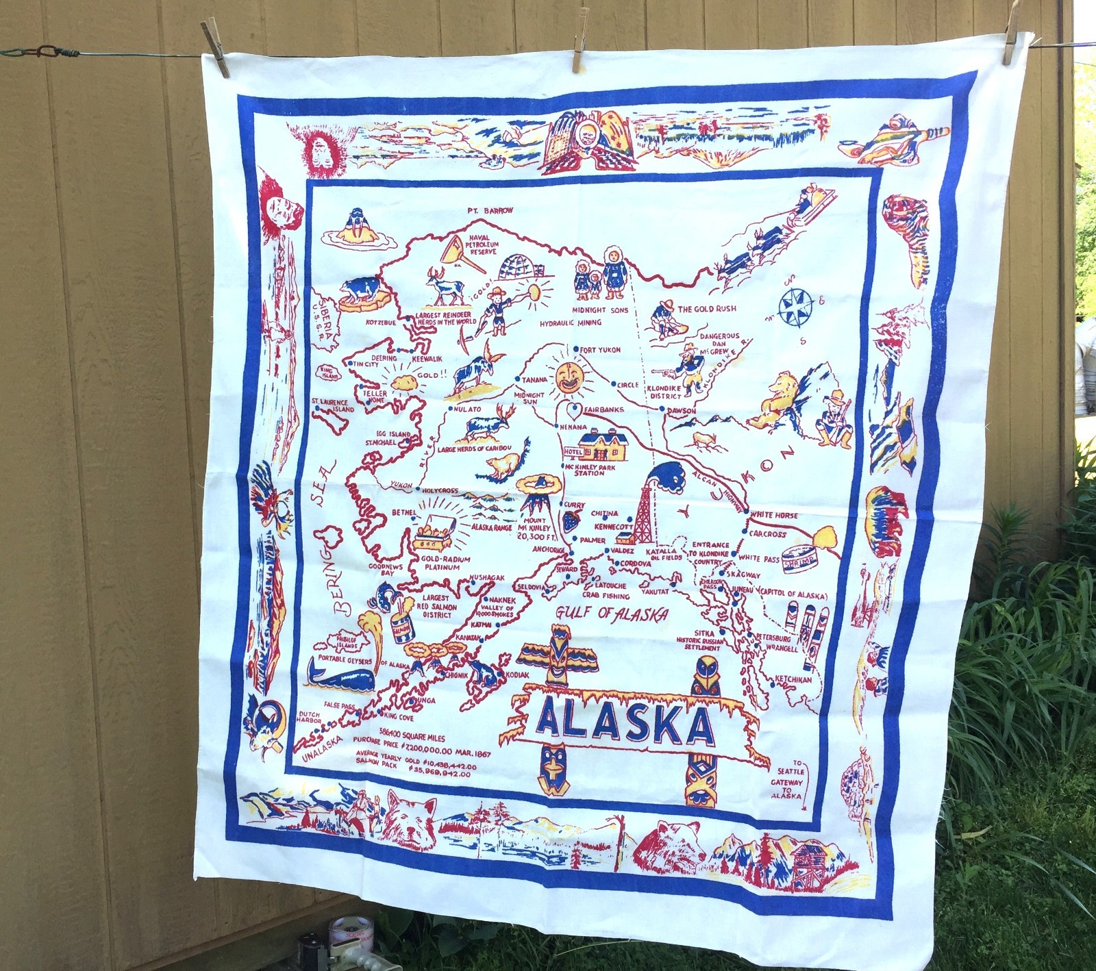 Souvenir Alaska Map Tablecloth Table Cover Vintage Linen Cotton 50″x 46″
