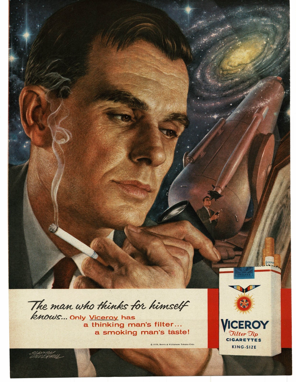 1959 Viceroy Cigarettes astronomer portrait art Slayton Underhill Print Ad