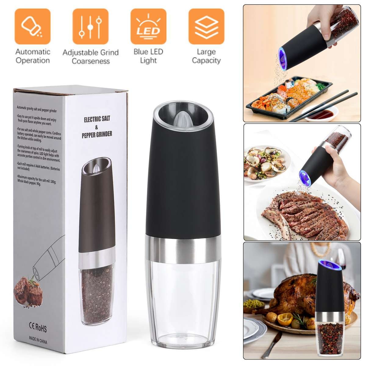 Automatic Gravity Electric Salt Pepper Grinder LED Adjustable Coarseness US
