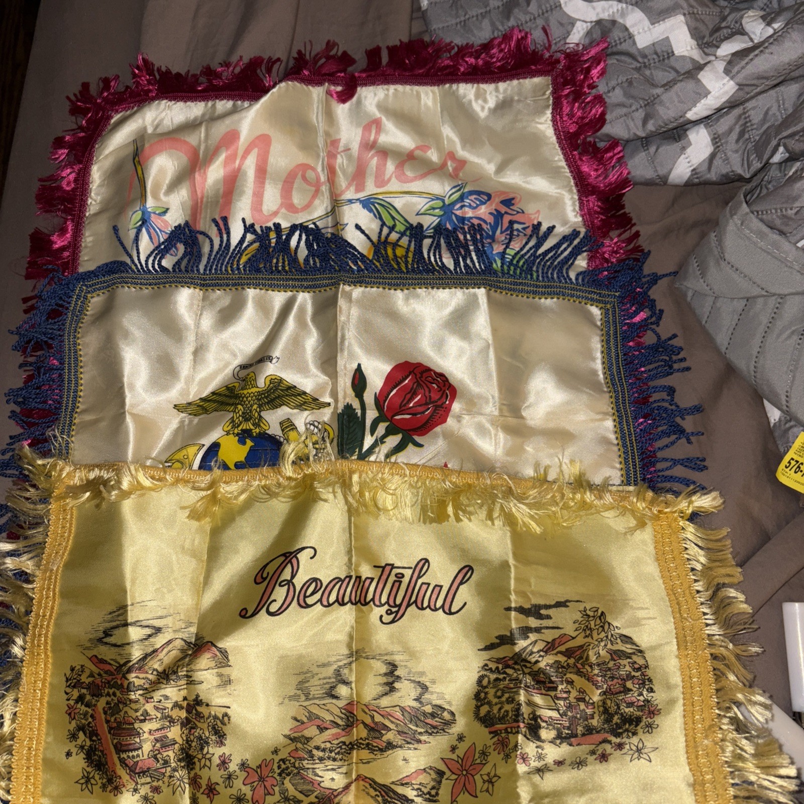 Vintage Original Korean-Conflict Satin Pillow Shams Featuring Mother (3 Pcs)