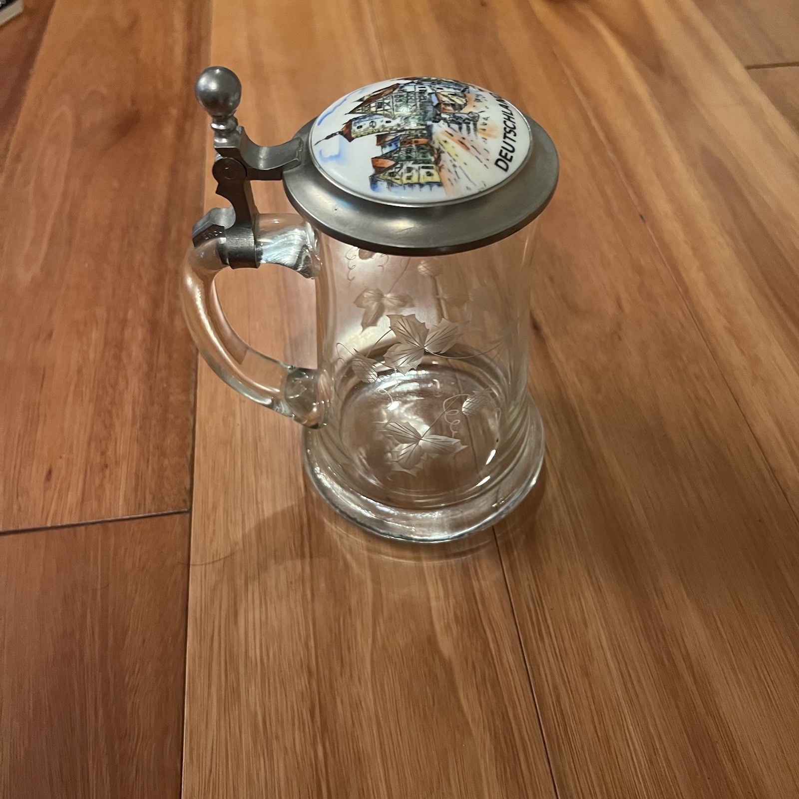 antique hand painted porcelain glass pewter German lidded beer stein mug