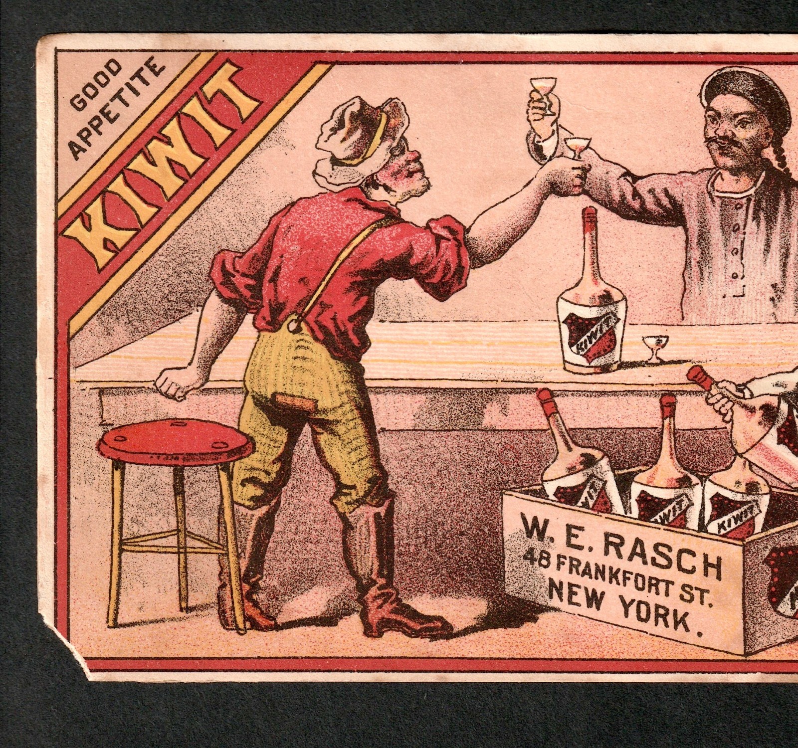 1800s Uncle Sam Medicine Liquor Kiwit Bottle Rasch NY Chinese Trade Card j.US