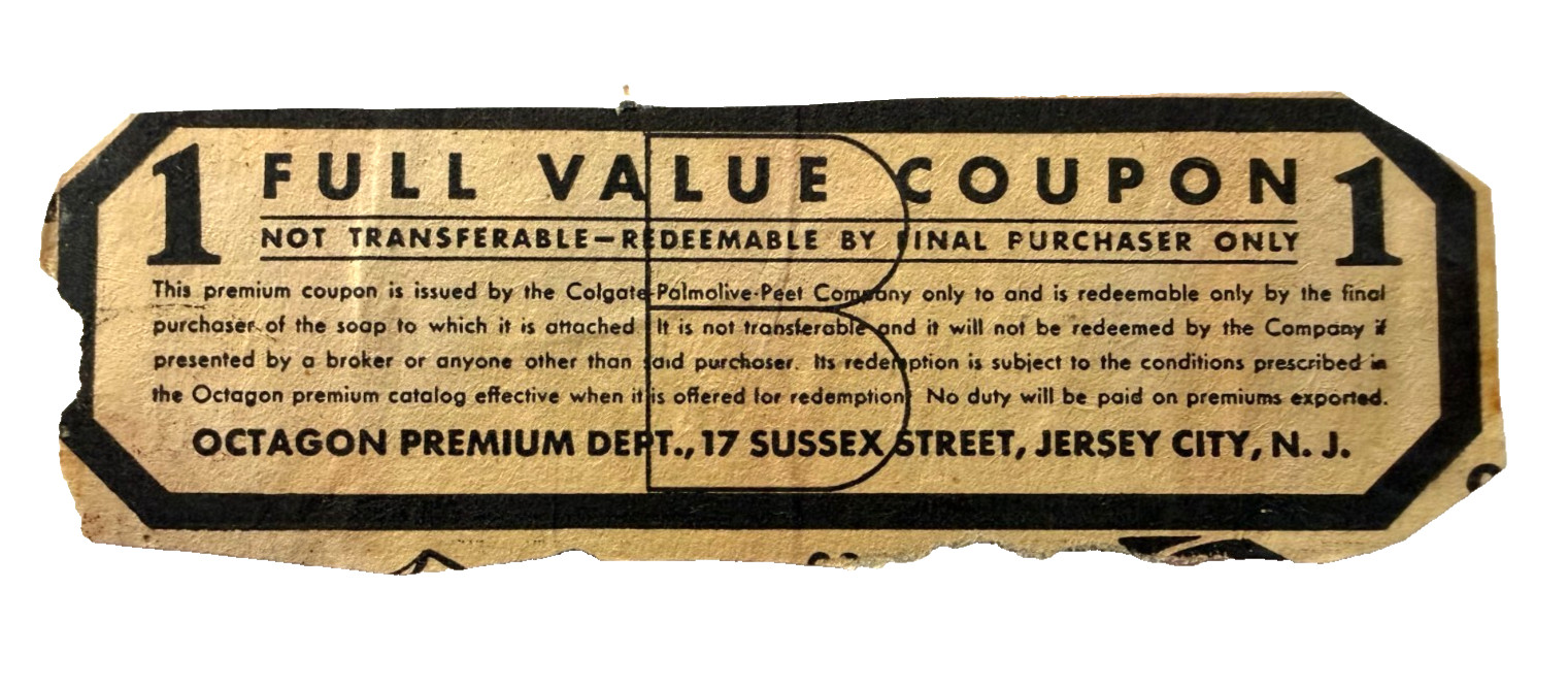 1930s Octagon Soap Premium Redemption Coupon Label Colgate Advertising Giant