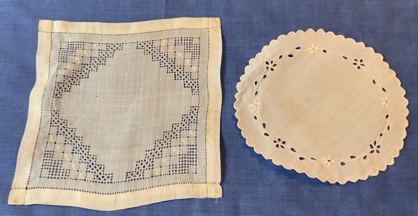 Two Vintage Doilies, Linen, Square, Round, White, With Some Spots.