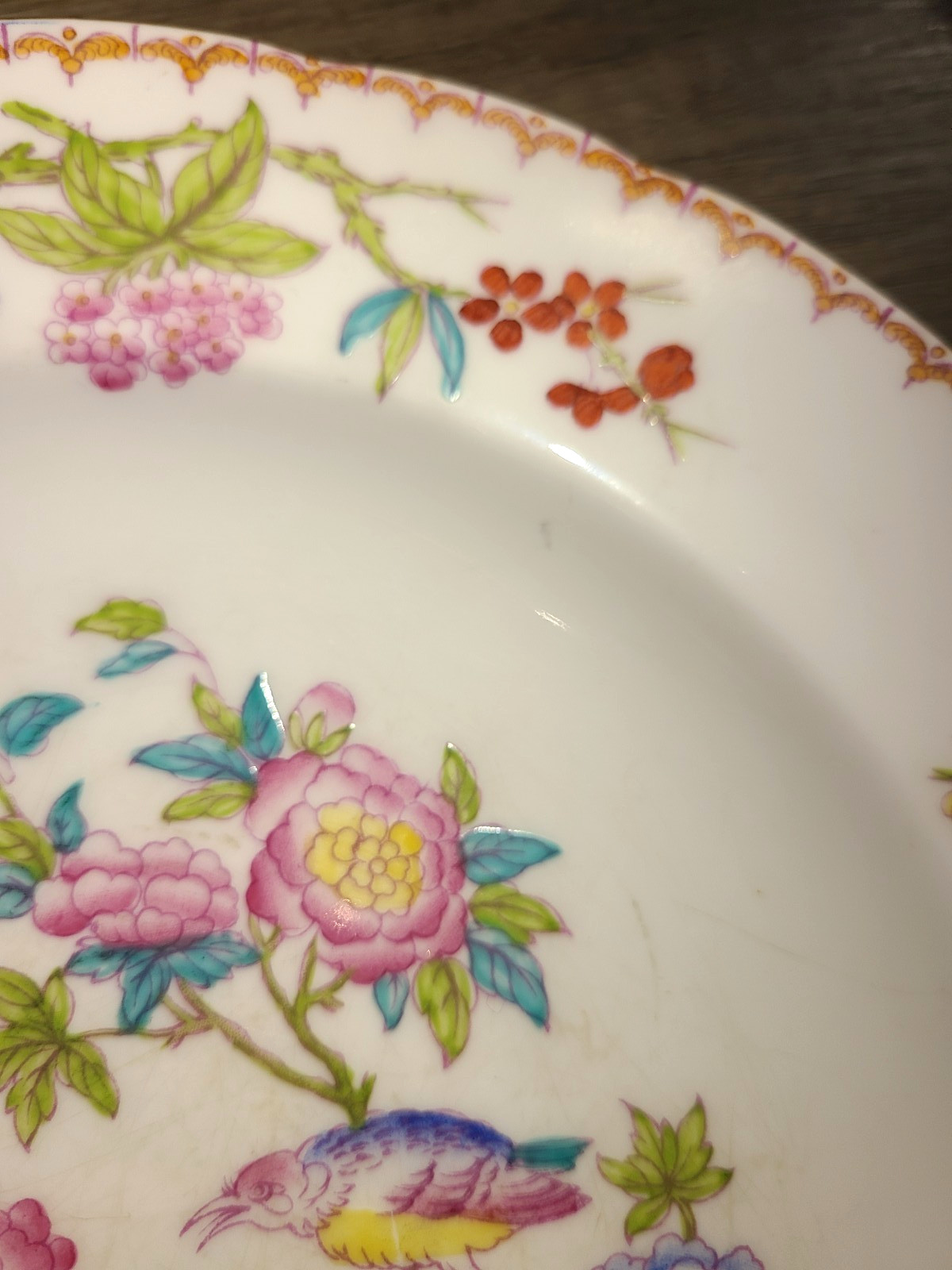 Antique Minton Cuckoo floral pattern scalloped edge dinner plate, MARKING