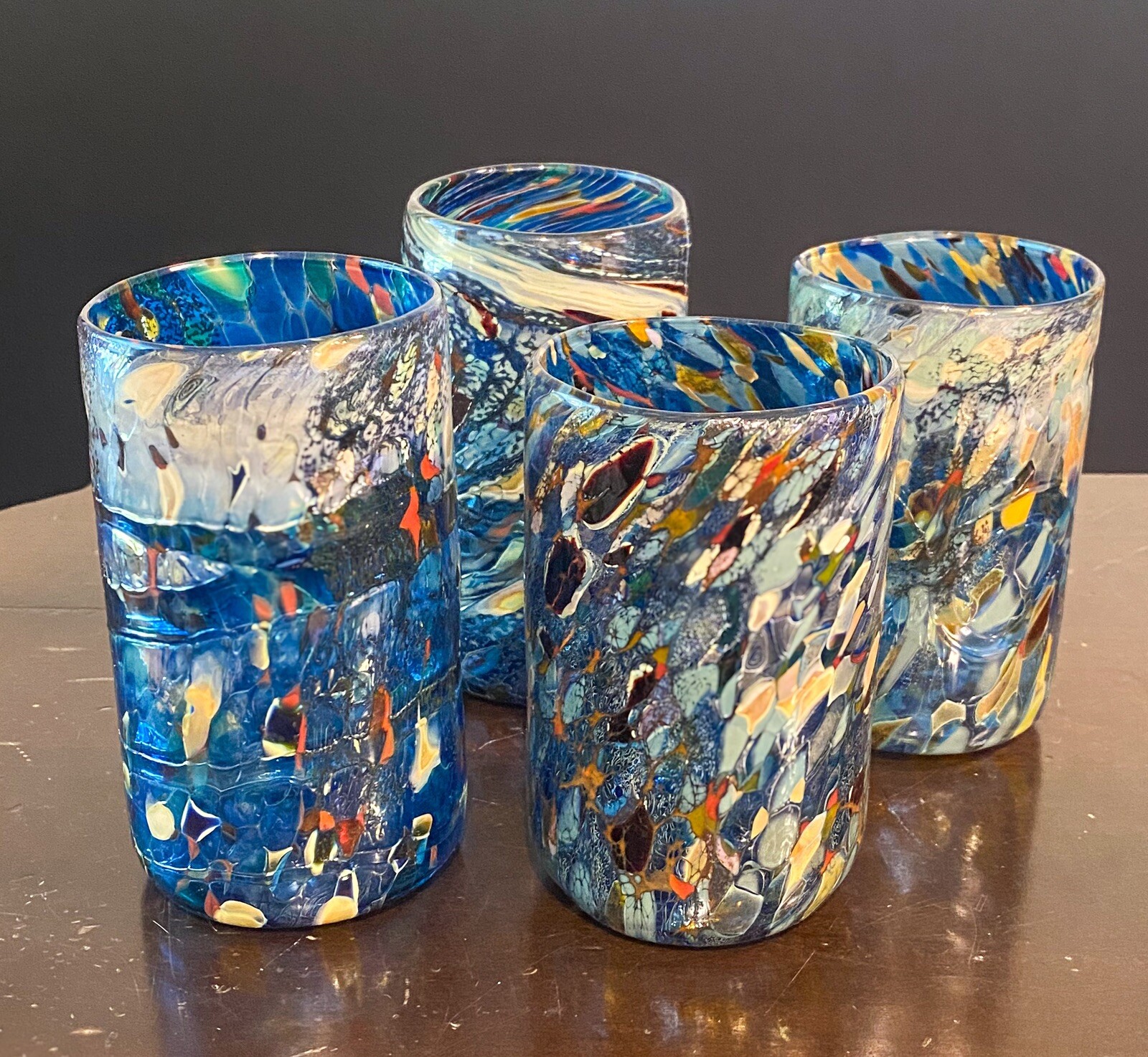 Art Glass Tumblers 16 oz Set of 4 Multicolored Textural Studio Art Blue Gold