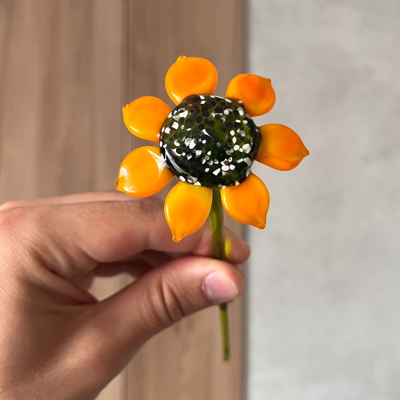 Orange Glass Sunflower Figurine Hand Blown Flower Long Stem Gift