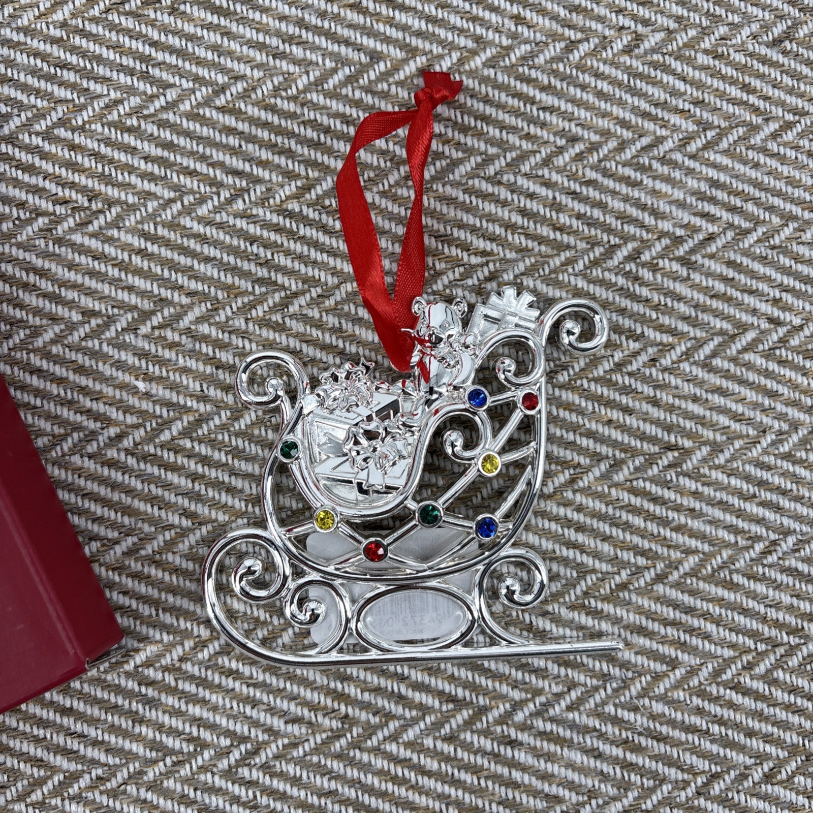 Lenox Sparkle and Scroll Sleigh Christmas Ornament Silver Plated Multicolor Gems