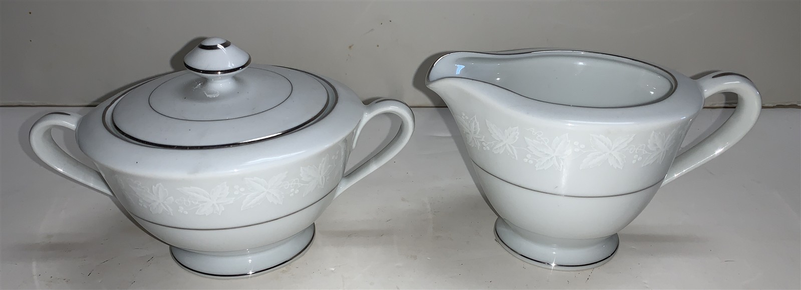 Huntington Made in Japan White Leaves Silver Trim Creamer and Sugar